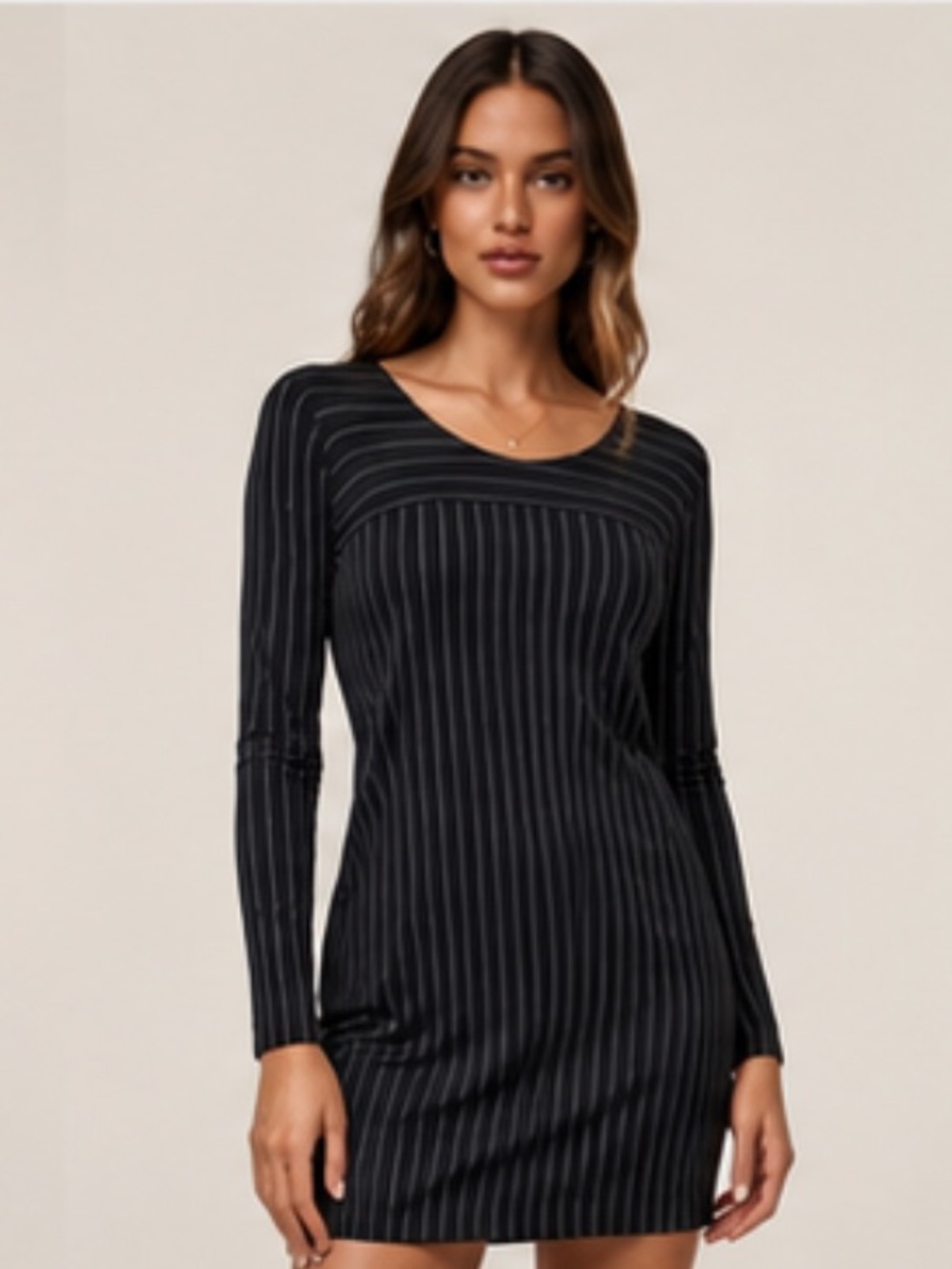 Norma Kamali Black Striped Stretch Jersey Shirt Dress Size XS